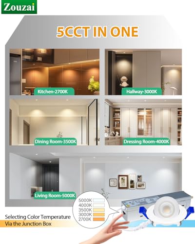 zouzai 2 Inch Gimbal LED Recessed Lights, White, 1 Pack, with Junction Box, 360°+ 90° Adjustable, 5CCT 2700K-5000K, Dimmable, Canless Eyeball Downlight, CRI90+, 550LM 5W 120V, ETL - color: White-2 inch, size: 1 Pack