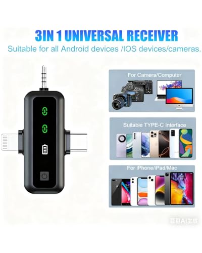 3 IN 1 Wireless Lavalier Microphones for iPhone/Android/Camera Devices(Lightning/USBC/3.5 mm Jack), 2 Pack Mini LED Display Lapel Mic with Mute/Reverb/Noise Reduction for Video Recording Vlogging