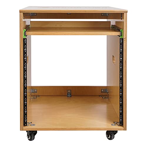 Sound Town 10U Solid Baltic Birch Plywood Studio Rack Desk with Slide-Out Tray, Rubber Feet, Casters, for Recording, Podcasts, Broadcasts, Streaming, Golden Oak (SDRK-ST10) - size: 10U, Golden Oak w/ Tray