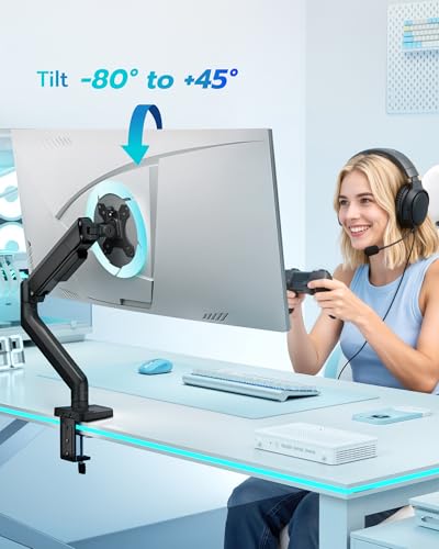 ARES WING Heavy Duty Single Monitor Arm - Fully Adjustable Monitor Mount for 17"-40" Ultrawide Screens up to 26.4 lbs with Clamp/Grommet Desk Mount, 75/100 Vesa Mount, Black - color: Black, style: Non USB