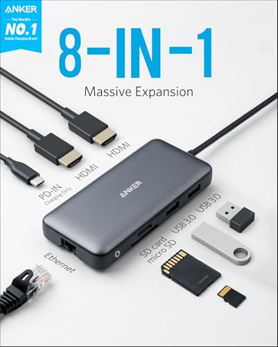 Anker Laptop Docking Station Dual Monitor, 8-in-1 USB C Hub, 4K Dual Monitor with 2 HDMI, 1 Gbps Ethernet Hub, 85W Power Delivery, SD Card Reader, for XPS and More (Charger not Included) - style: 8 in 1 【2 HDMI + Ethernet】