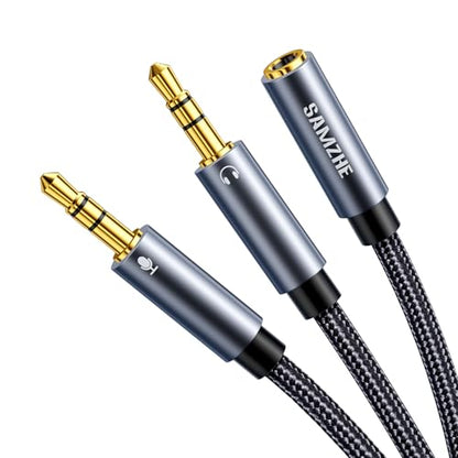 SAMZHE Headphone Splitter for Computer 3.5mm Female to 2 Dual 3.5mm Male Braided Audio Splitter Cable Microphone Stereo Jack Earphones Port Cord Gaming Headset to PC Laptop Adapter Black