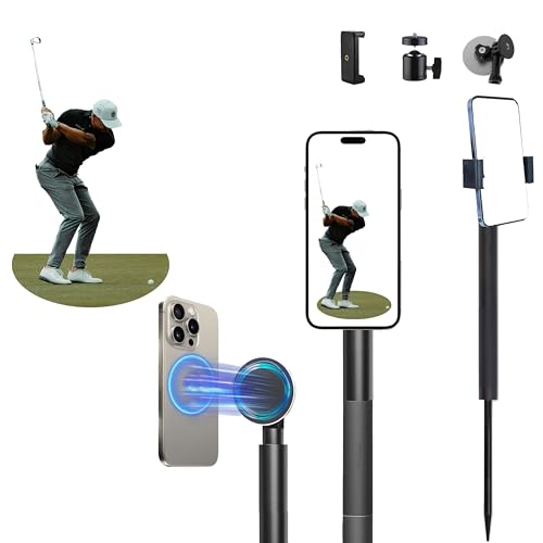 Golf Monopod Selfie Stick with Metal Ground Spike | Magnetic Phone Holder 52" Adjustable, Golf Training Aid Compatible w/Magsafe iPhone, Golf Swing Trainer (Magnet+Clamp+Ball Head) - color: Magnet+Clamp+Ball Head