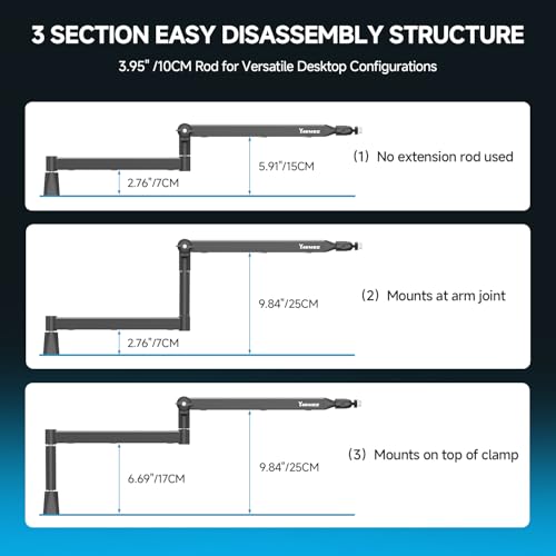 Mic Arm with 3.95" Extension Rod, Low Profile Mic Stand, Cable Management, 360° Rotatable Boom Arm with C-Clamp, 3/8" to 5/8" Metal Screw