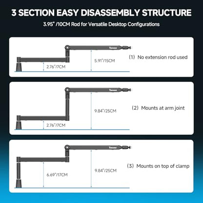 Mic Arm with 3.95" Extension Rod, Low Profile Mic Stand, Cable Management, 360° Rotatable Boom Arm with C-Clamp, 3/8" to 5/8" Metal Screw