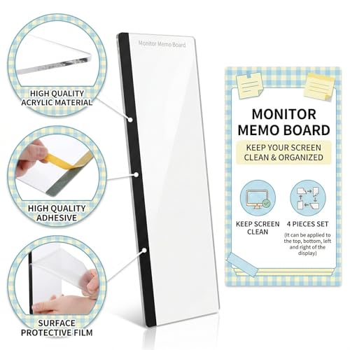 JJUNW 4 Pcs Monitor Memo Board, Computer Monitor Sticky Note Holder Acrylic Desk Accessories, Transparent Side Note Desktop Memo Board for Office Home Desktop