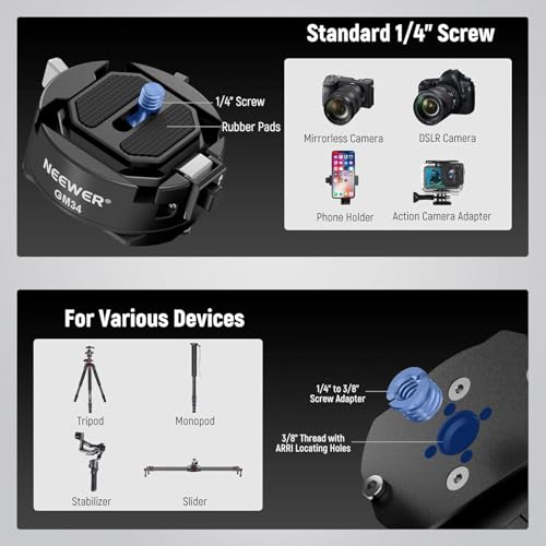 NEEWER GM34 Camera Quick Release Plate Kit, Quick Switch Auto Lock Square QR Mount Plate with Arca Type Clamp Base, Compatible with Arca Swiss Camera Clip, Max Load 11lb/5kg