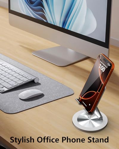 Phone Stand for Desk, 360° Rotating Dual Adjustable Foldable Holder, Heavy Solid All-Aluminum Base Anti-Slip Stable Support for Home Office Study, Fits iPhone Galaxy 4-8" Phones (Grey+Silver) - color: Grey+Silver