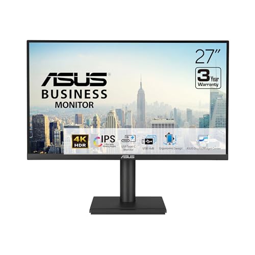 ASUS 27” 4K Business Monitor (VA27UCPS) - UHD (3840 x 2160), IPS, 99% sRGB, HDR-10, USB-C PD65W, USB Hub, Speakers, Eye Care, Ergonomic, VESA Wall Mountable, Green Sustainability, 3 yr Warranty - style: 27" 4K USB-C