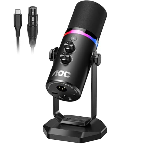 AOC USB/XLR Dynamic Microphone for PC Gaming & Podcasting, Dual-Mode Studio Streaming Mic with RGB Light, Quick Mute, Volume/Gain Control Knob, Heavy-Duty Desk Stand, Type-C & XLR Cables Included