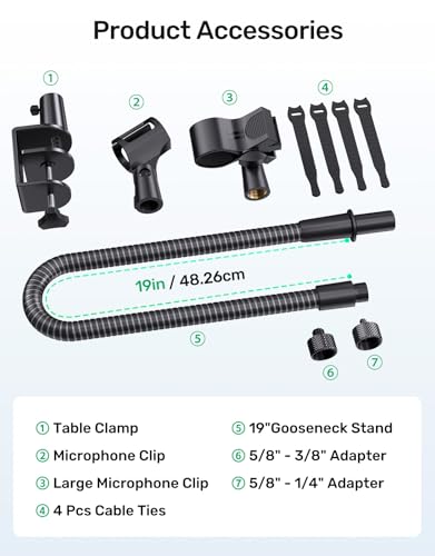 19" Flexible Gooseneck Mic Stand with Desk Clamp【Heavy Duty】 & with 2 Mic Holders, 1/4" & 3/8" Adapters，for Gaming, Live Streaming, Podcast, Conference, and Podium - size: Upgraded Heavy-Duty Clamp