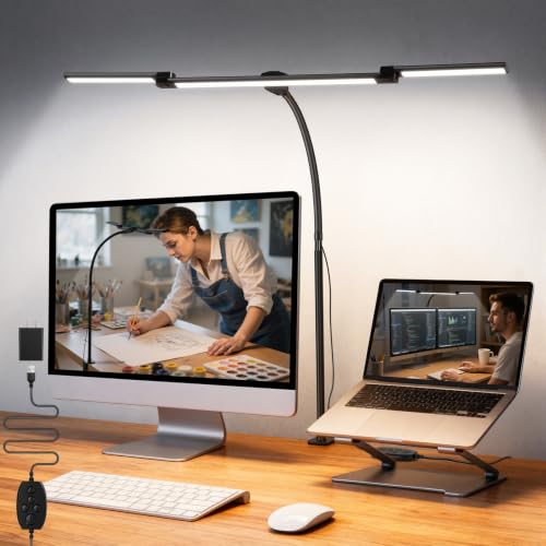 LED Desk Lamp for Office Home, 3 Head Adjustable Computer Monitor light Bar Stepless Dimming, Eye Caring Architect Desk Lamp Table Lamp Clip on Desk Light with Clamp for Reading Study Workbench Black - color: Black