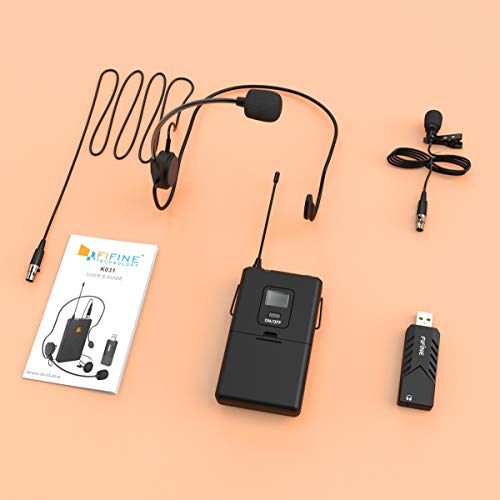 FIFINE Wireless Microphones for Computer, USB Wireless Microphone System for PC and Mac, Headset UHF System with USB Receiver,Transmitter, Headset and Clip Lavalier Lapel Mic-K031B