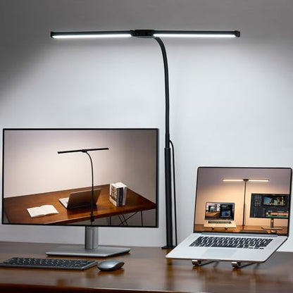 Voncerus LED Desk Lamp for Home Office, Double Head Architect Light with Clamp, Computer Monitor Clip on Light, 3 Modes and 10 Brightness, Adjustable Flexible Goose-Neck, Table Task Lamp, Black - color: Black Pro