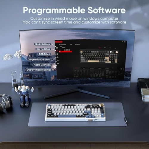 RedThunder K95 Wireless Mechanical Keyboard, TFT Screen & Knob, Tri-Mode BT5.0/2.4GHz/USB-C Hot Swappable Custom, Pre-lubed Linear Switches, Gasket Structure, RGB Gaming Keyboard, Snowy White-Blue - color: Snowy White