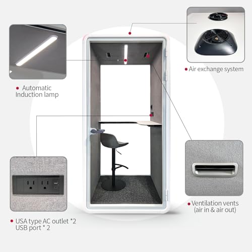 Quiet Meeting Pod with Acoustic Panels, Office Soundproof Room with Furniture, Portable Removable Working Booth for Private Phone Calling, Study, Individual Seater Personal Office H92in W43in D40in - color: Grey S