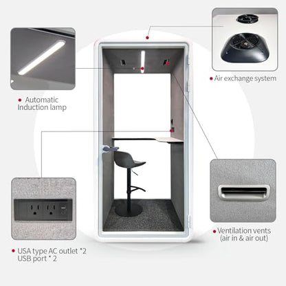 Quiet Meeting Pod with Acoustic Panels, Office Soundproof Room with Furniture, Portable Removable Working Booth for Private Phone Calling, Study, Individual Seater Personal Office H92in W43in D40in - color: Grey S