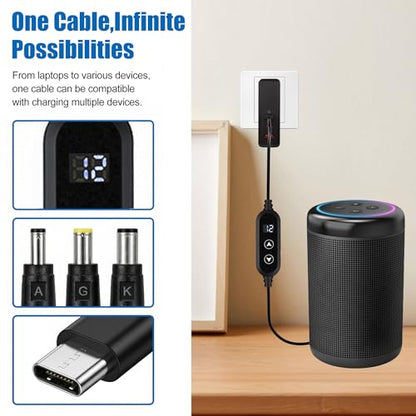 USB C to DC 5V/9V/12V/15V/20V Cable with 16 DC Conversion Heads Adapter and LED Display Screen, 65W USB to DC Power Charger use with PD Charger and PD Power Bank for Speakers, routers, laptops (3.9ft) - color: Black-65W with 16 Adapter DC Cable