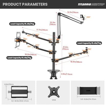 TARION Overhead Camera Desk Mount: 4-in-1 Heavy Duty Mount Set with 1 Mic Boom Stand + 3 Articulating Arms for DSLR Cameras Ring Light Monitor Laptop - Live Stream Stand TitanRig Desk - size: 4-in-1 Desk Set