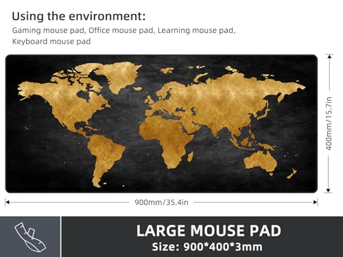 Rinaze Mouse Pad Desk Mat, Multifunctional Large Gaming Mousepad, Office Desk Pad with Washable Durable Design, Keyboard Pad in Black World Map - color: Dark Grey