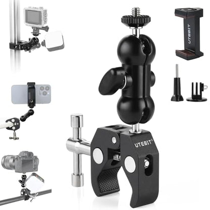 UTEBIT Super Clamp Camera Mount with 360° Ballhead Magic Arm, Black | Super Clamp Mount with 1/4" and 3/8" Thread, Desk/Bike/Bicycle/Motorcycle/ Handlebar for GoPro, Phone, Camera, Monitor
