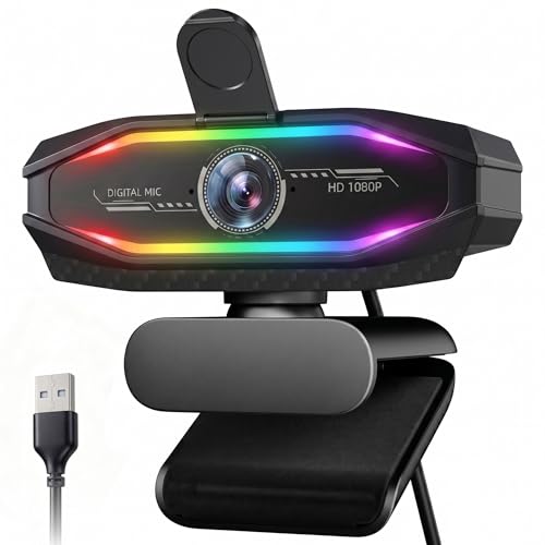 HD 1080P Gaming Webcam with Microphone,Streaming Camera Web Cam with RGB Light,Noise Cancellation, Privacy Cover,Plug and Play,Computer Camera for Desktop/Laptop,Video Calls/Conferencing/Streaming
