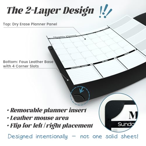 JJPRO Dual-Layer Black Dry Erase Desk Mat,Large Multi-Use Dry Erase Desk Calendar,Dry Erase Desk Pad,Double-Sided Faux Leather Desk Pad,Reusable Large Mouse Pad for Office, Home-16"x34" - color: Black