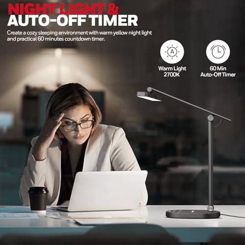 Honeywell Desk Lamp for Home Office, H4 Sunturalux™ Eye-Caring LED Desk Light, 700LM Dimmable Desk Lamp with Timer, Adjustable Desk Reading Light, Touch Auto Dimming Table Lamp for Study, Bedroom - color: Black