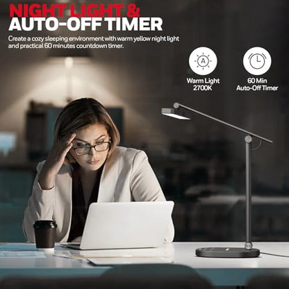 Honeywell Desk Lamp for Home Office, H4 Sunturalux™ Eye-Caring LED Desk Light, 700LM Dimmable Desk Lamp with Timer, Adjustable Desk Reading Light, Touch Auto Dimming Table Lamp for Study, Bedroom - color: Black