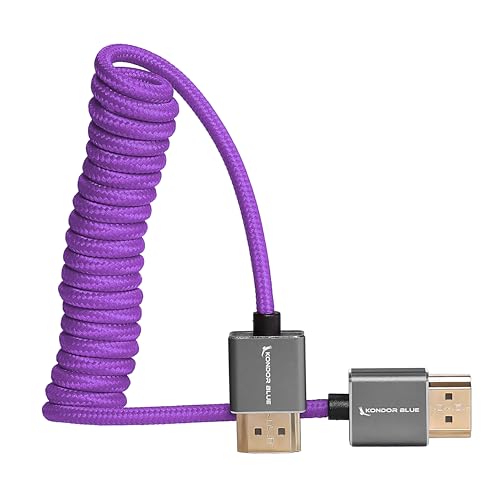 KONDOR BLUE x Gerald Undone | Full HDMI 2.0 Type A Male to Male 12"- 24" Coiled Braided Cable | 4K 60Hz 18Gbps, HDR, 3D, Reinforced | for On-Camera Monitors & Recorders + More | Purple - color: Purple