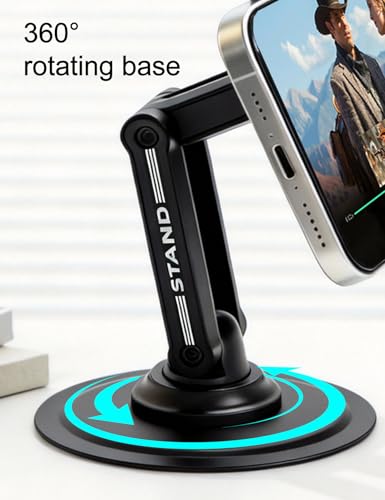 360° Rotating Adjustable Desk Phone Stand with Carbon Steel Base | 180° tilt arm, foldable design, adjustable joint tension, anti-slip silicone pads, fits 4-8 inch iPhone & Android devices