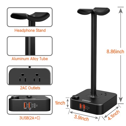 COZOO Headphone Stand with USB Charger Desktop Gaming Headset Holder Hanger with 3 USB Charging Station and 2 Outlets Power Strip,Suitable for Gaming, DJ,Wireless Earphone Display, Gamer Gifts for Men - color: 1.Black(PD & QC3.0)