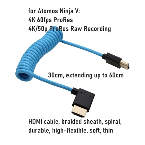 L-Shaped HDMI 8K 4K Cable for ATOMOS Ninja V Shinobi, Sony A9III A7RV A7M4 FX3 FX30 FX6, Canon C80 C70 R1 R5 Mark II, Panasonic BGH1 S5IIX S1RII G9M2 GH5II, Blue Braided Coiled - color: Blue, size: Right Angle to Straight