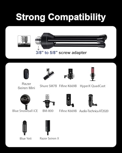 SUUNTOK Desk Microphone Stand with Mic Clip Holder, Foldable Tripod with Non-slip Feet Adjustable Desktop Mic Stand, Ideal for Podcast, Online Chat, meetings with dynamic mics Like SM58 57 PGA48 etc.