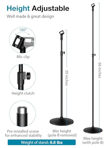 InnoGear Mic Stand, Max Height 66.34" Microphone Stand Floor Detachable Boom Mic Arm Stands with Weighted Round Base for Blue Yeti HyperX QuadCast SoloCast Shure SM58 Samson Q2U Fifine K669B, Large - style: Screw Knob 39“ - 66"
