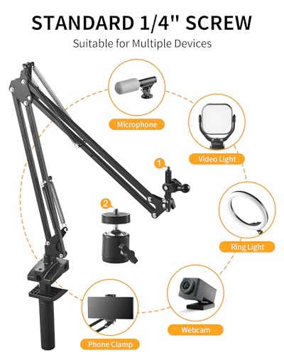 Phone Holder for Bed Desk, Flexible Camera Arm Desk Mount Clamp with Phone Holder and Ball Head, Overhead Tripod Mount for Camera Webcam Ring Light