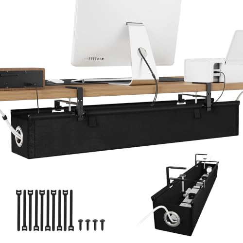 KEEGH Under Desk Cable Management Tray 36", Fabric Clamp/Screw Mount Cord Organizer, No Drill Under Desk Cable Tray for Home, Offices, Studios, Gaming Room (Black) - color: Black
