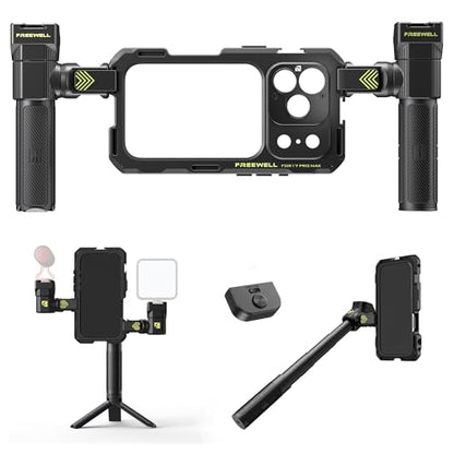 Freewell Genius Rig Cage for iPhone 17 Pro Max - Magnetic Filter Slot & 17mm Lens Mount, Tool-Free Setup, Multifunctional Tripod/Monopod Handle, Bluetooth Remote | Magnetic Filter Slot & 17mm Lens Mount, Tool-Free Setup, Multifunctional Tripod/Monopod Han