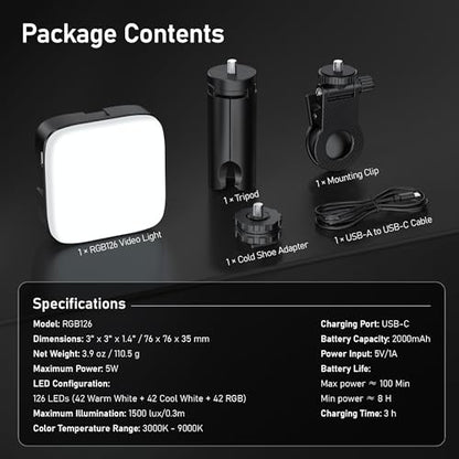CYNOVA Magnetic RGB Video Light with Mini Desktop Tripod | Portable LED Camera Light 3000–9000K, 126 LEDs, Rechargeable Mini Panel for Vlogging, Live Streaming, Photography