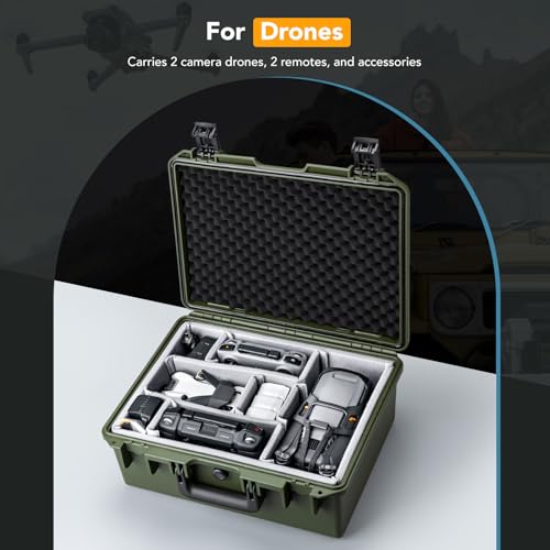 Lykus PVC1 Waterproof Hard Camera Case with Padded Dividers for Cameras, Lenses, Dual DJI Mavic/Air/Mini/Flip drones - color: Green PVC1