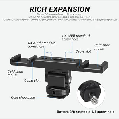 Dual Cold Shoe Extension Bar Mount – Aluminum Dual hot Shoe Bracket with 1/4" Thread and Cable Management Slot, Compatible with DSLR Cameras, LED Video Lights, Microphones, Monitors, and More
