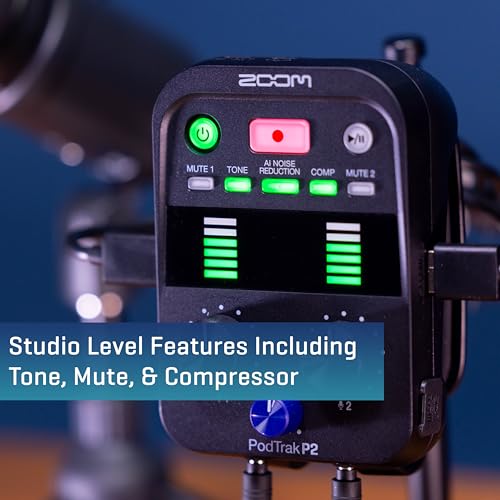 Zoom PodTrak P2 Podcast Recorder, 2 USB Mic Inputs, 2 Headphone Outputs, AI Noise Reduction, Tone & COMP Effects, Remote Guest Recording, SD Card, Battery/USB-C Powered | 2 Headphone Outputs, SD Card Recording, Aa Battery or USB-C Power, Tone and Compress