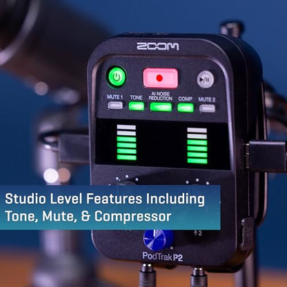 Zoom PodTrak P2 Podcast Recorder, 2 USB Mic Inputs, 2 Headphone Outputs, AI Noise Reduction, Tone & COMP Effects, Remote Guest Recording, SD Card, Battery/USB-C Powered | 2 Headphone Outputs, SD Card Recording, Aa Battery or USB-C Power, Tone and Compress