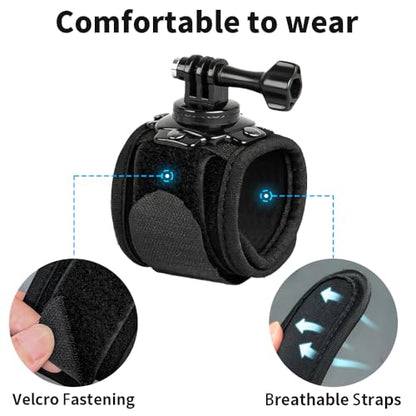Wrist Strap Mount, 360° Rotating Arm Mount Strap Compatible with GoPro Hero 13/12/11/10/9/8/7//6/5 Black,DJI Action 6/5 pro/4/3,Insta 360 ONE R,AKASO/Campark and More Action Cameras