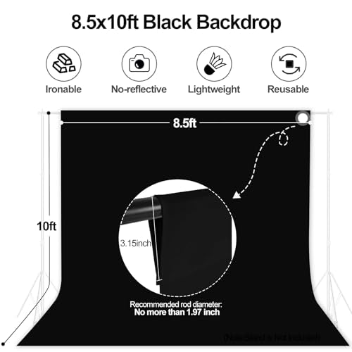 EMART 8.5x10ft Black Photo Backdrop Screen for Photography, Large Negros Drapes Party Background Curtain, Polyester Fabric Sheet Video Studio Portrait Photoshoot - size: 8.5x10ft