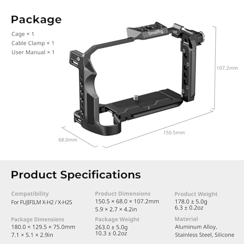 SmallRig X-H2 / X-H2S Camera Full Cage for FUJIFILM X-H2 / X-H2S, Aluminum Alloy Video Making Camera Rig with Cable Clamp for HDMI and HawkLock Quick Release Interface - 3934B