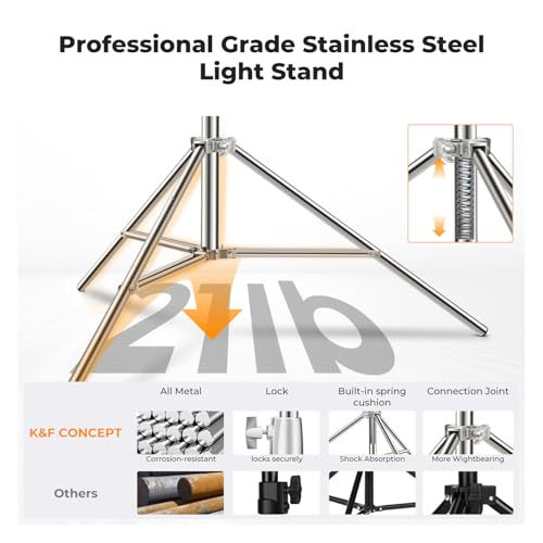 K&F CONCEPT 9.2ft/2.8m Stainless Steel Light Stand, Spring Cushioned Heavy Duty Photography Tripod Stand with 1/4” to 3/8” Universal Screw Adapter for Strobe,LED Video Light,Ring Light,Softbox