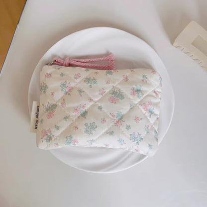 Cotton Quilted Floral Coin Purse Digital Camera Pouch with Cute Prints Zipper for Women Girls (BLUE PINK) - color: BLUE PINK