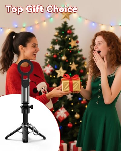 CloudValley Magnetic Mini Selfie Stick Tripod, 4-in-1 Pocket Size Phone Tripod with 360° Rotation, Choice Rechargeable Bluetooth Remote, Foldable Handle Grip, Compatible with MagSafe iPhone - style: No Light