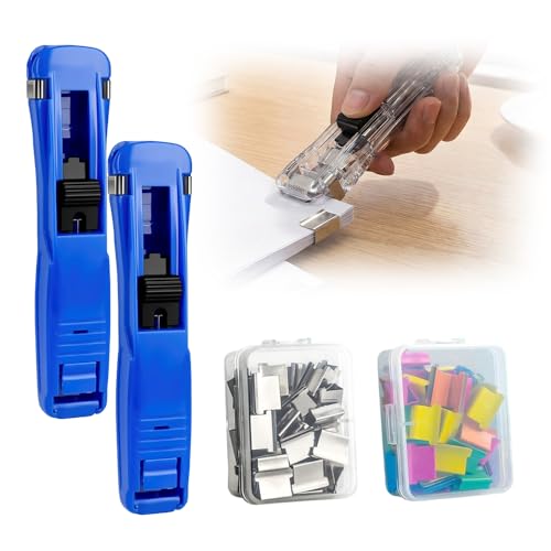 Portable Binder Clip Stapler, 2026 New Reusable Portable Paper Clam Clip Dispenser, 100 Metal Refill Clips (50 Silver + 50 Color) for Home, School, Desk Office (Royal blue-2PCS) - color: Royal Blue-2pcs